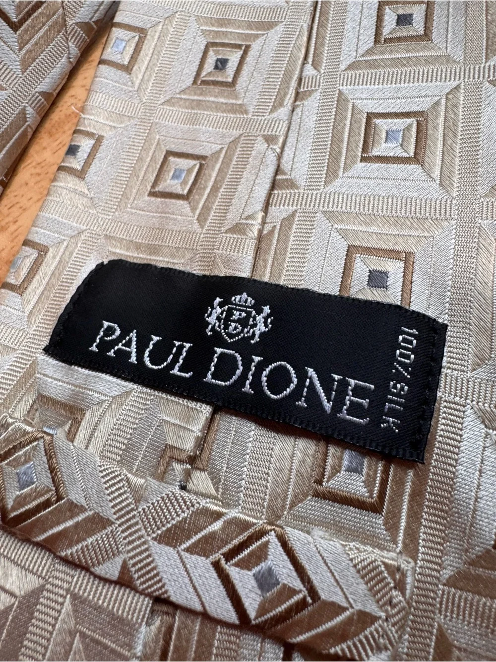 Beige Geometric Silk Tie - Unbranded
